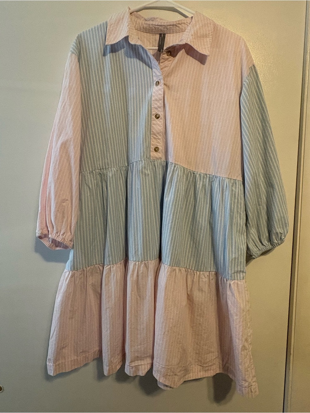Anthropologie Pink & Light Blue Striped Tiered Shirt Dress